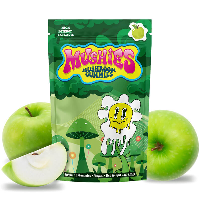 Mushies Apple Mushroom Gummies front packaging, powerful formula, vegan, lab-tested, USA-made.
