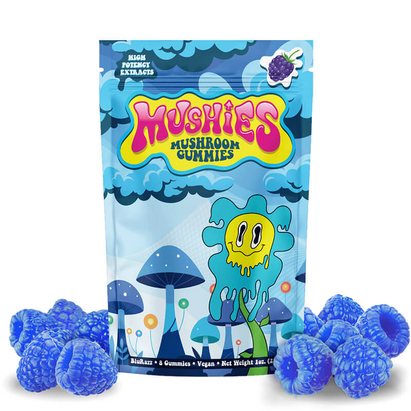 Mushies Blue Raspberry Mushroom Gummies front packaging, robust formula, vegan, lab-tested, USA-made.