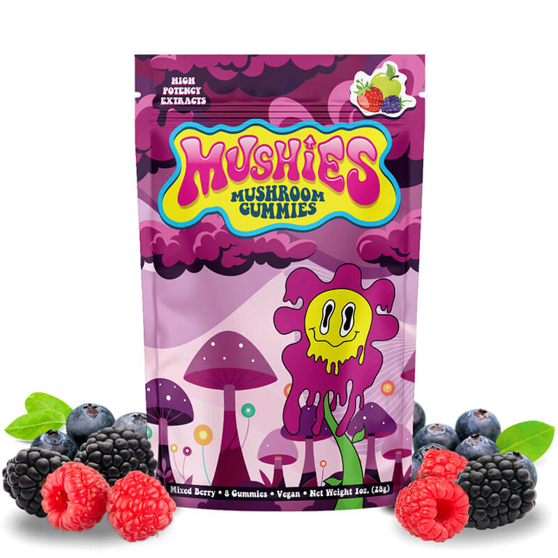 Mushies Mixed Berry Mushroom Gummies front packaging, powerful formula, vegan, lab-tested, USA-made.
