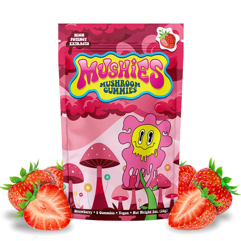Mushies Strawberry Mushroom Gummies front packaging powerful formula vegan lab-tested USA-made.