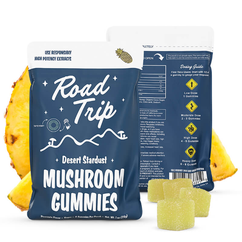 A photo rendering of the back of the package for Road Trip Pineapple flavored magic mushroom gummies.  