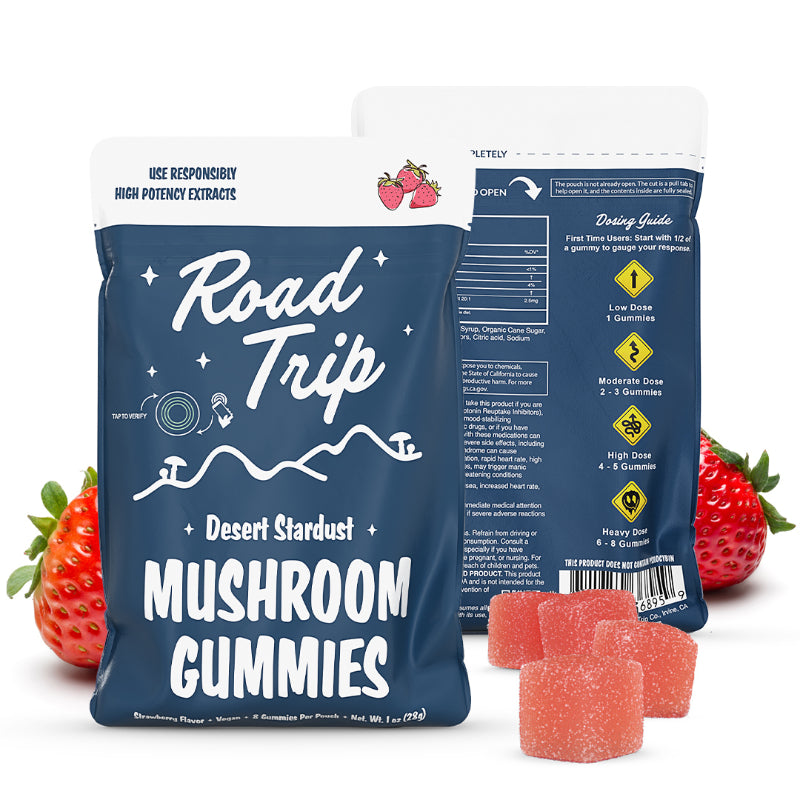 A photo of the back of the package for  Strawberry Road Trip Magic Mushroom Gummies showing the ingredients suggested use. 