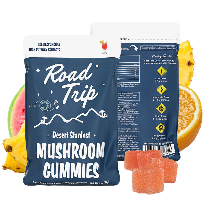  Sunset Punch Road Trip Magic Mushroom Gummies have a tropical flavor and are designed to elevate moods and provide immersive sensory experiences.