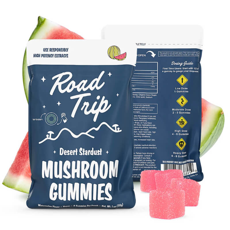 Package of Watermelon Road Trip Gummies with vibrant design and juicy watermelon visuals, designed for mood and focus support.