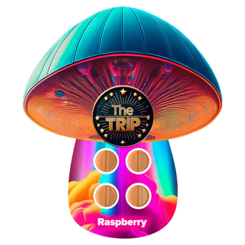 Front of The Trip Raspberry Mushroom Tabs pouch – 8000mg psychedelic blend per pack.
