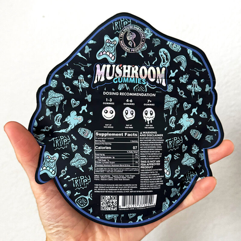 Back of TRĒ House Blue Raspberry Gummies showing mushroom dosage, ingredients, and nutrition label.