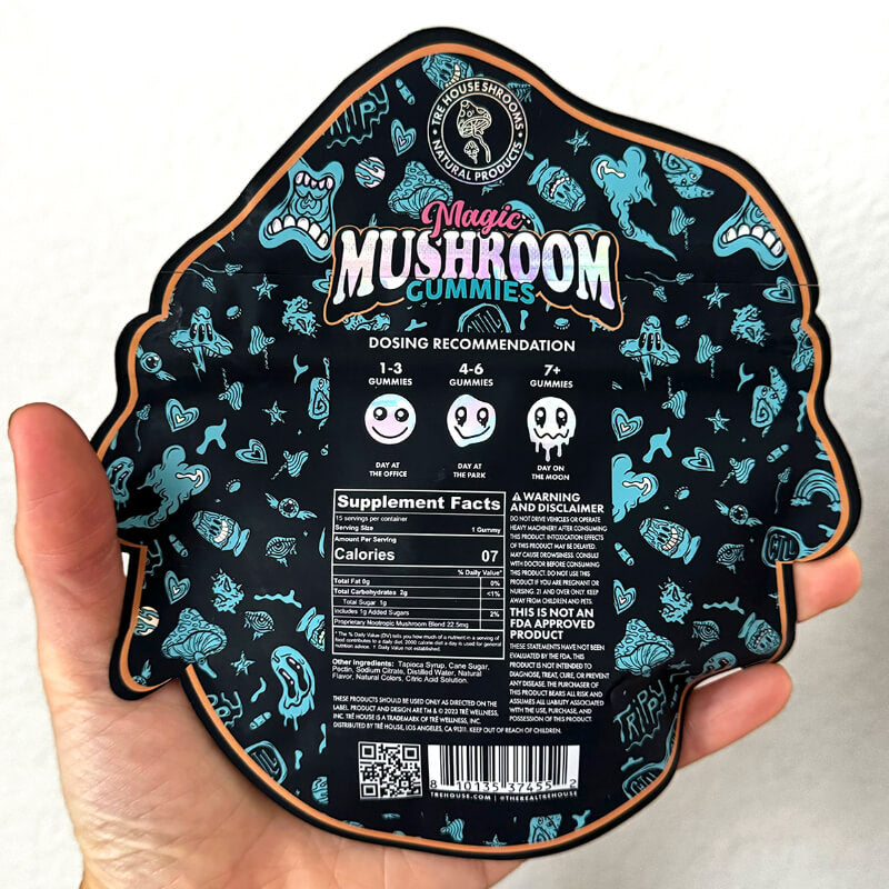  Back of TRĒ House Sour Tropical Gummies with complete nutrition facts, mushroom blend, and recommended use.