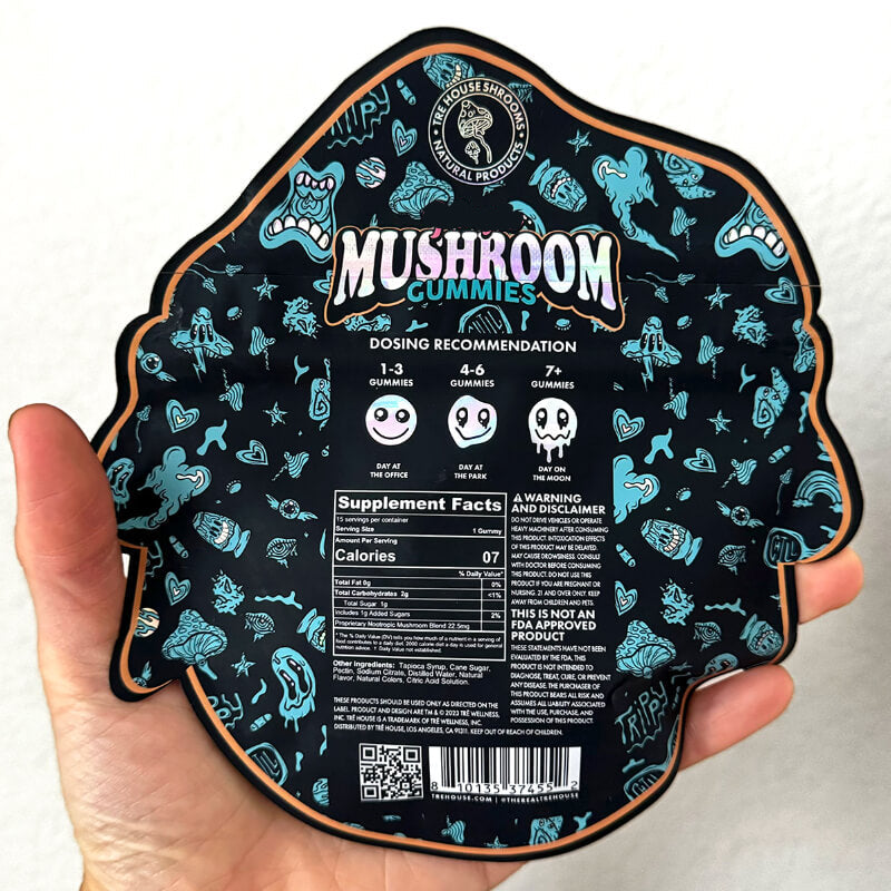 Back of TRĒ House Sour Tropical Gummies with complete nutrition facts, mushroom blend, and recommended use.