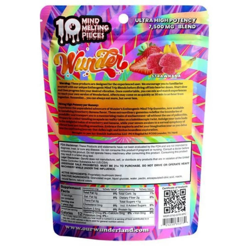  Back of Wunder Strawnana Gummies showing ingredients, usage guide, and mushroom blend details.
