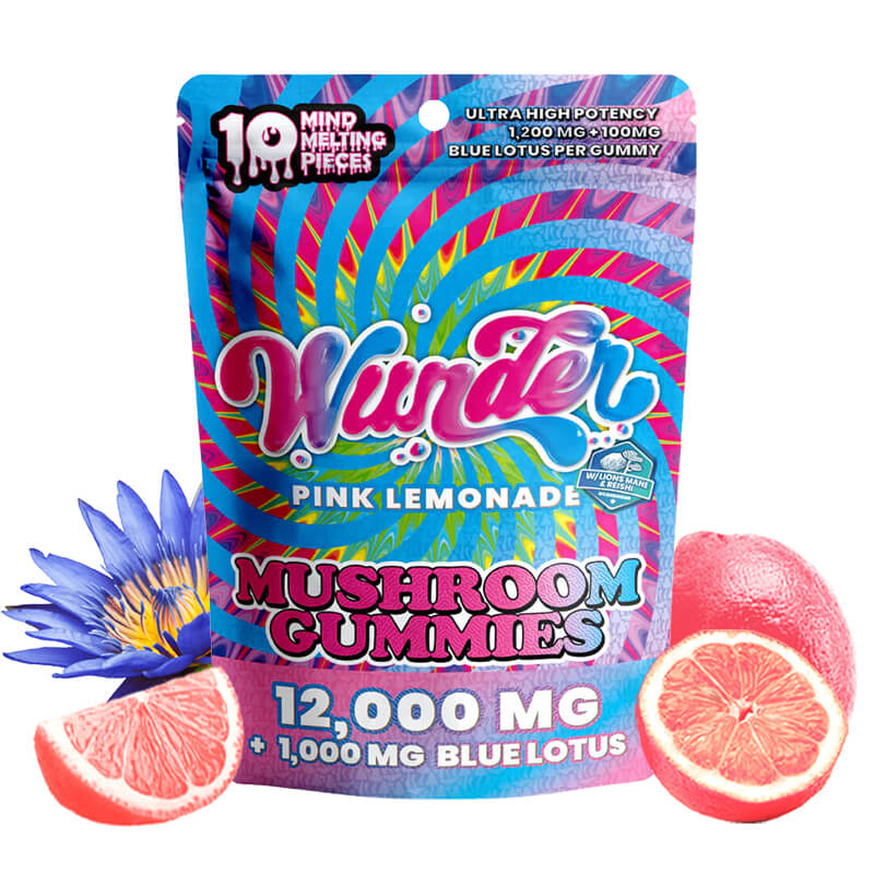 Wunder blue lotus and mushroom gummies packaging with pink lemonade flavor.