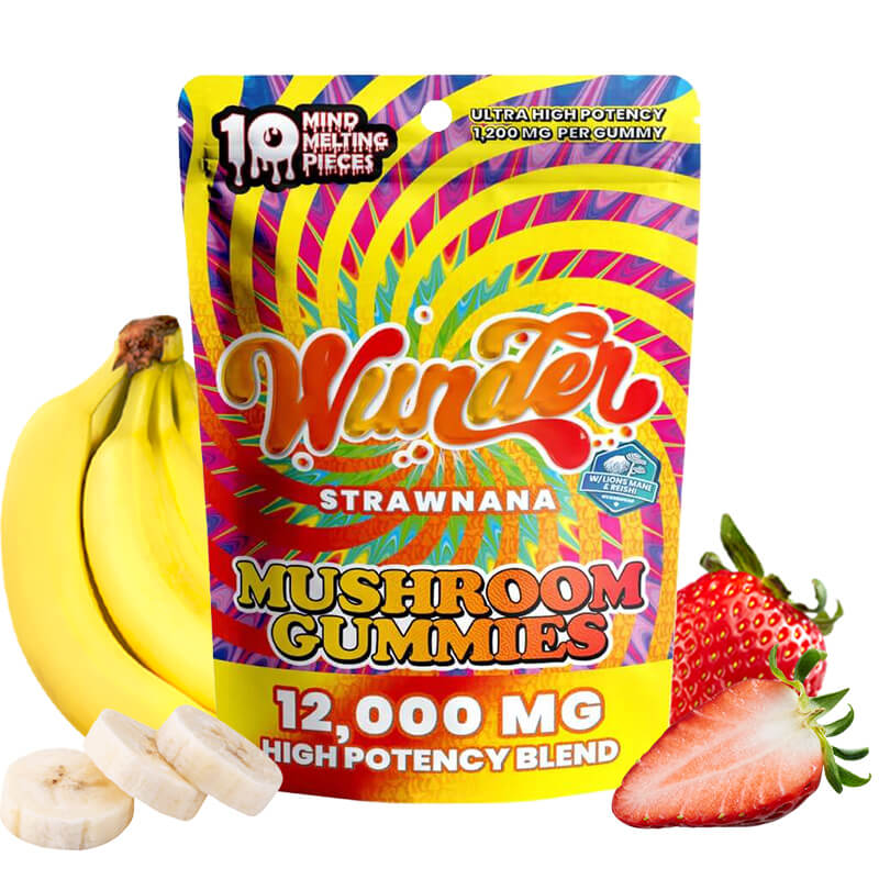 Wunder's highly potent strawberry and banana flavored mushroom gummies are packaged with bananas and strawberries surrounding it.