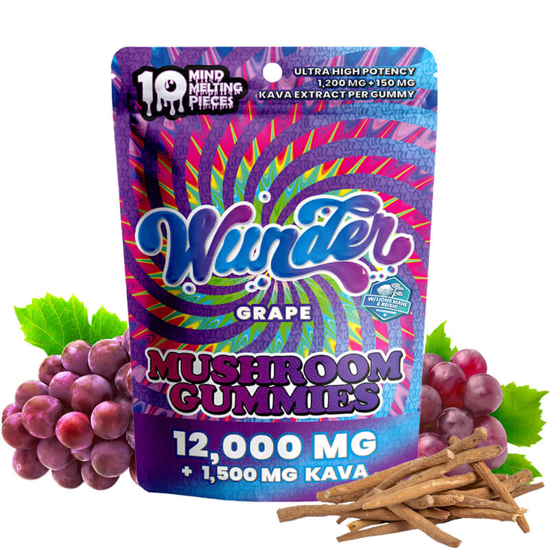 Wunder Kava and Mushroom Gummies packaging with grapes and sticks.