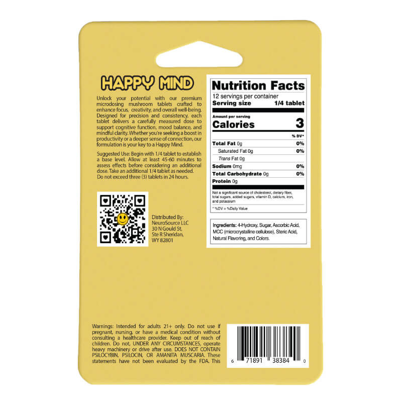 Back of Happy Mind Blue Raspberry Mushroom Tablets package showing ingredients, dosing guidance, and safety warnings.