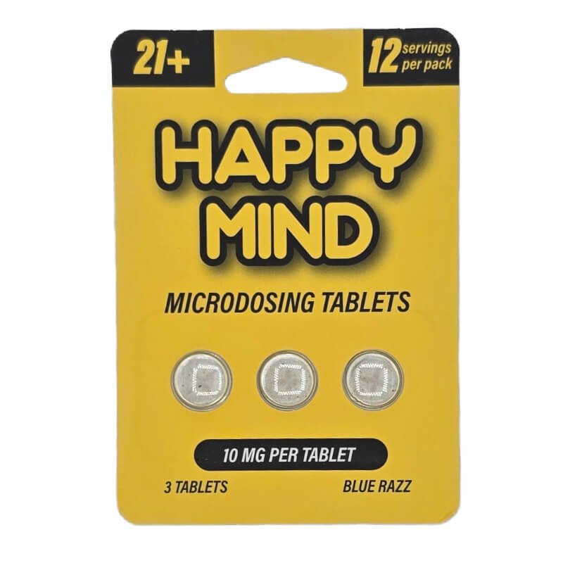 Happy Mind Blue Raspberry Mushroom Tablets packaging highlighting 10mg Synaptic Surge maximum-strength tablet formula.
