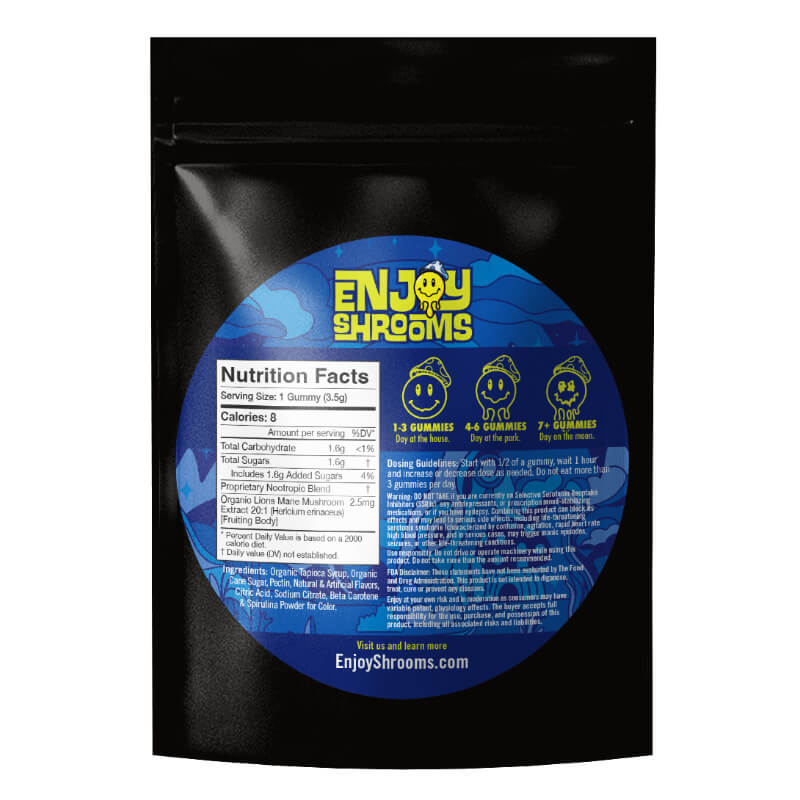 The back of the Enjoy Shrooms Blue Raspberry magic mushroom gummies in a 30ct bag shows nutrition facts, ingredients, a dosage guide, and a product disclaimer.