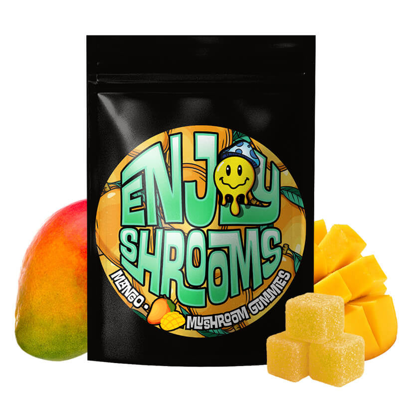 Enjoy Shrooms Bulk Mango Mushroom Gummies, 50-count bag, featuring juicy tropical mango flavor and bulk value.