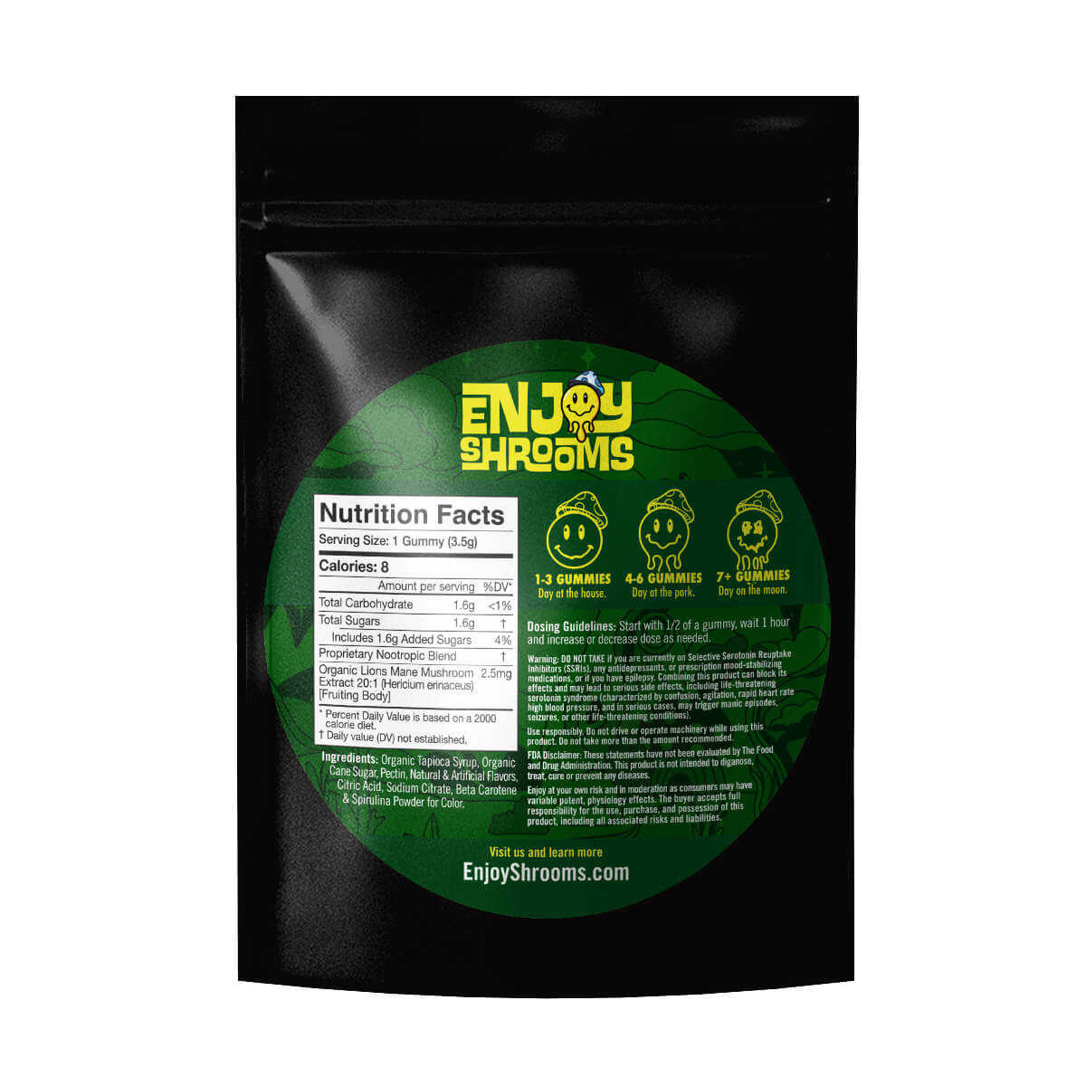 Enjoy Shrooms Bulk Apple Mushroom Gummies 50 count back of bag with ingredients and nutrition facts. 
