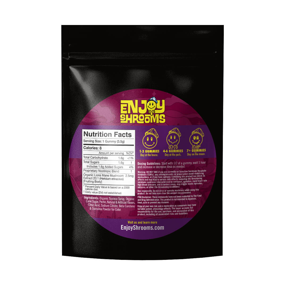 Enjoy shrooms bulk mushroom gummies packaging showing dosing guide, nutrition facts, and ingredients.