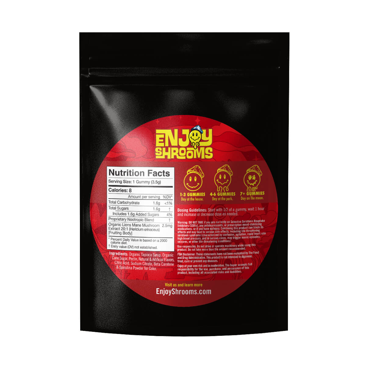 Back view of 50-count Strawberry Magic Mushroom Gummies bag with dosage and nutrition info.