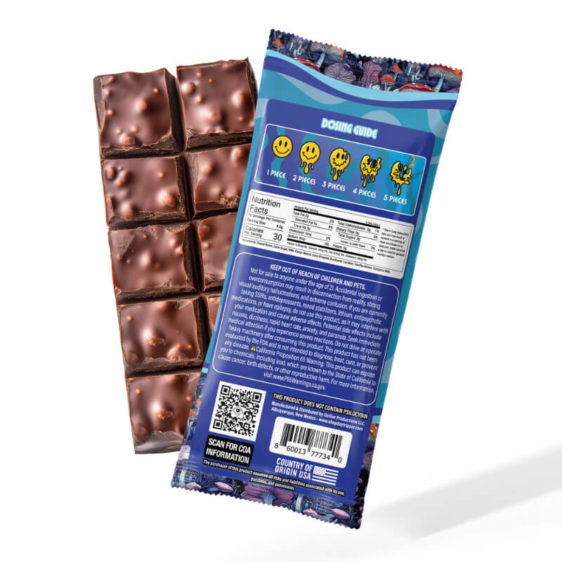 Day Tripper Chocolate Crunch mushroom chocolate bar packaging back.