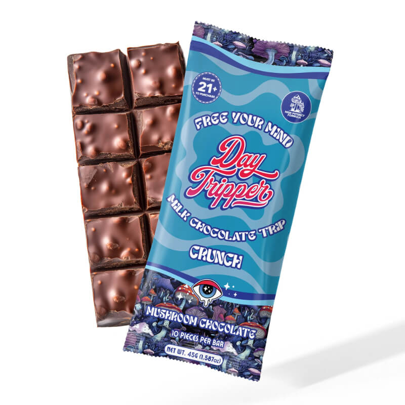 Day Tripper Chocolate Crunch mushroom chocolate bar packaging front.