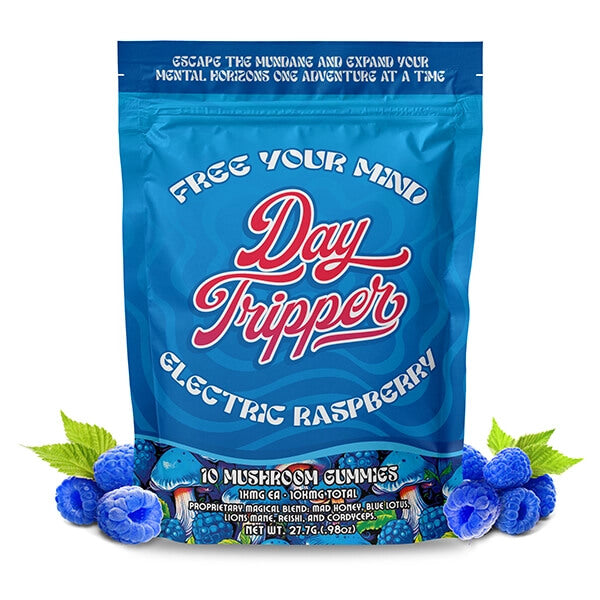  Front-of-Day Tripper Electric Raspberry Gummies with purple design, 10-count label, and psychedelic branding.