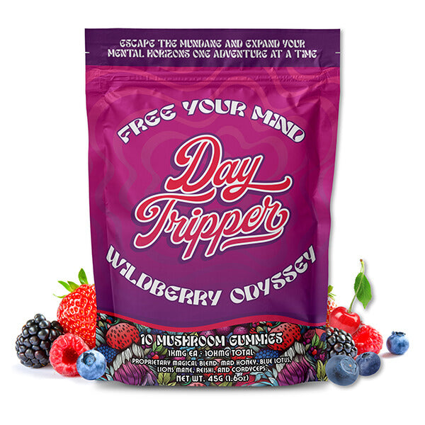  Front-of-Day Tripper Wildberry Odyssey Gummies with vibrant berry art, 10-count label, and psychedelic packaging.