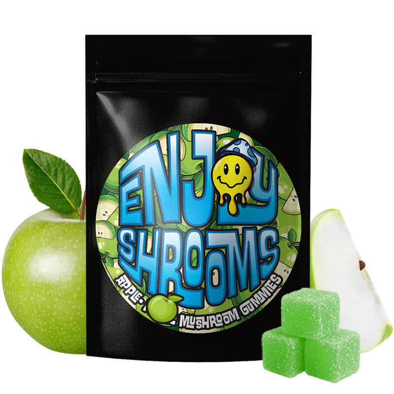 Enjoy Shrooms magic mushroom gummies packaging with green apples and gummies on a white background.