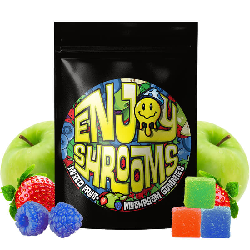 Enjoy Shrooms magic mushroom gummies packaging with colorful gummies and mixed fruit. 