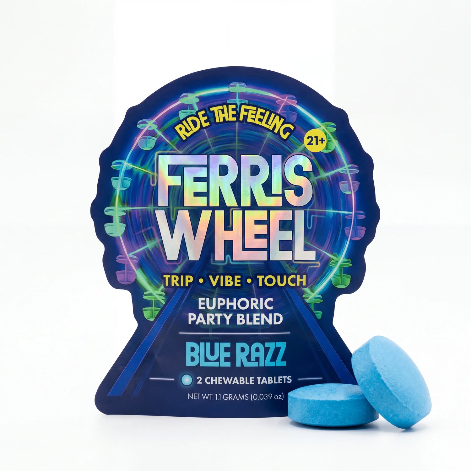 Blue Razz Pack: Ferris Wheel Blue Razz Kanna Party Blend Tablet 2-pack with blue raspberry themed carnival ferris wheel packaging