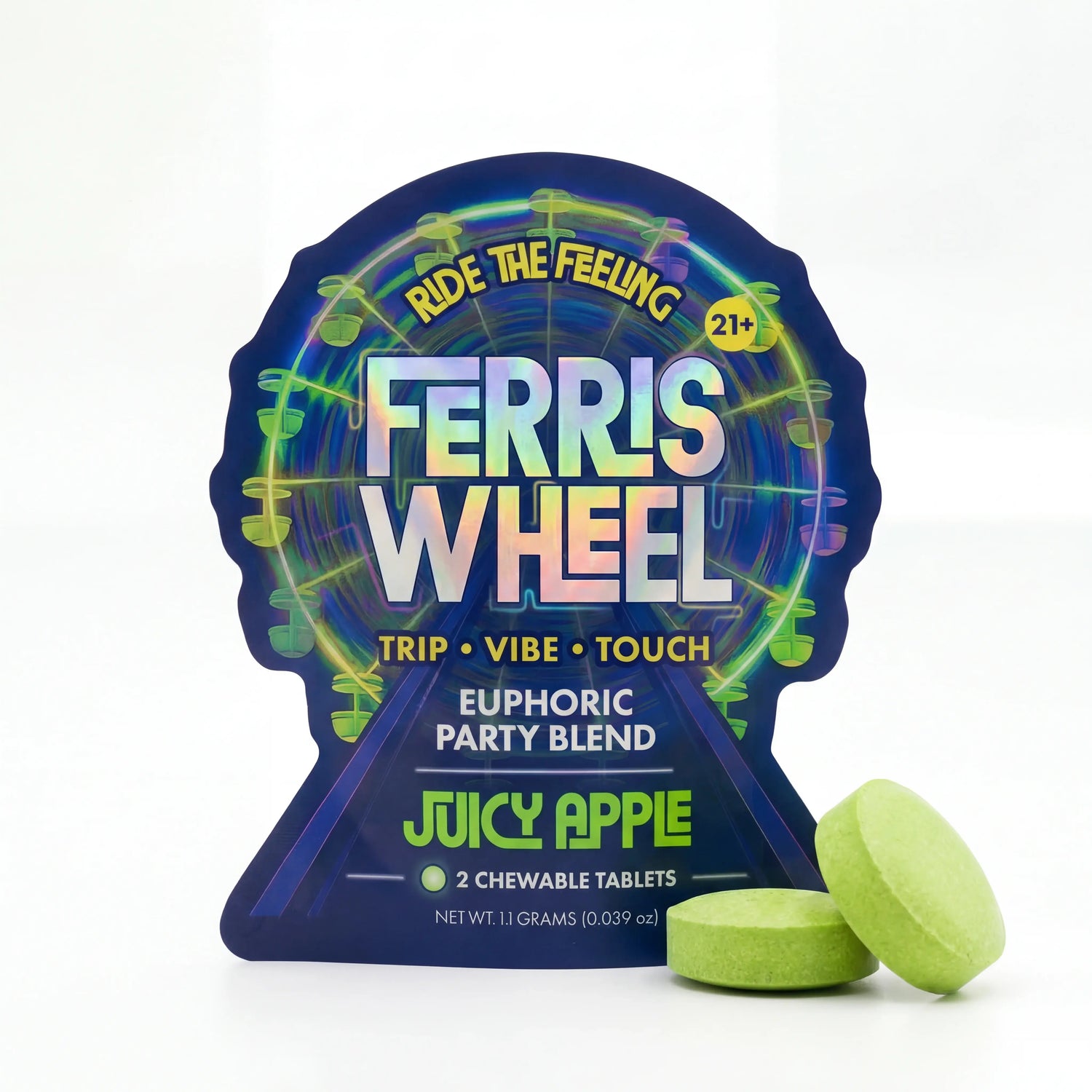 Juicy Apple Pack: Ferris Wheel Juicy Apple Kanna Party Blend Tablet 2-pack with green apple-themed carnival ferris wheel packaging