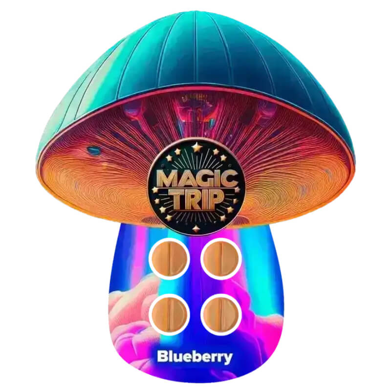 Magic Trip Mushroom Tabs, Blueberry flavor pouch with psychedelic design and bold berry visuals.