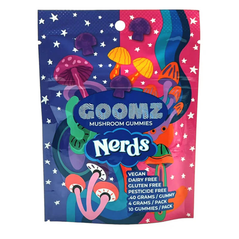  Goomz Nerds Magic Mushroom Gummies pouch with rainbow candy design and 10 colorful, pre-dosed psychedelic gummies.
