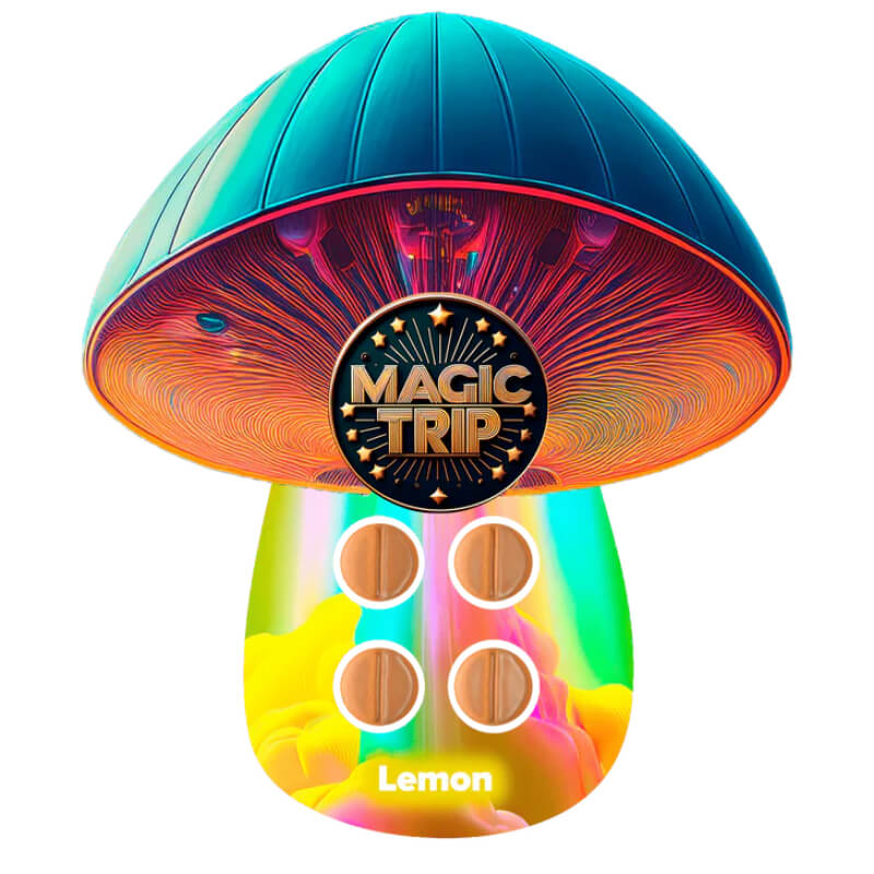 Front of Magic Trip Mushroom Tabs pouch – Lemon flavor with citrus imagery and psychedelic tab layout.
