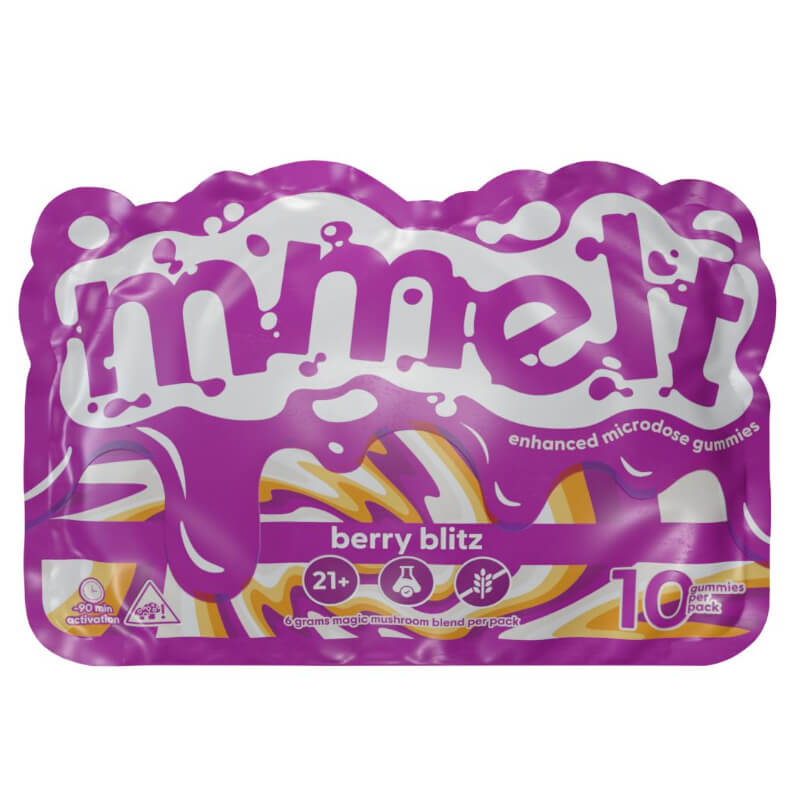  Mmelt Berry Blitz Magic Mushroom Gummies 10ct Bag with bold berry-themed packaging.