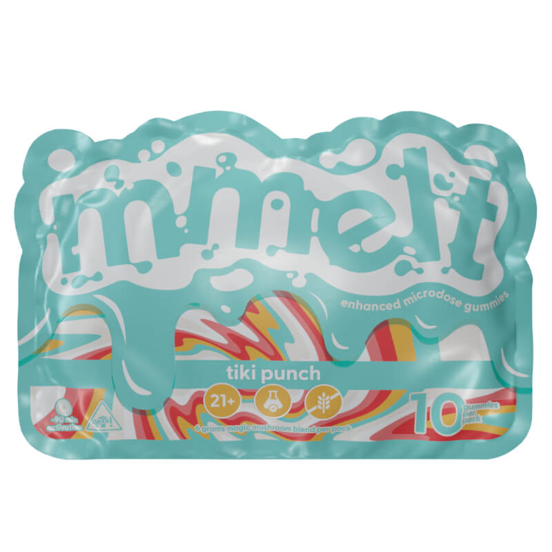 Mmelt Tiki Punch Mushroom Gummies 10-count tropical edible pack with pineapple and citrus flavor.