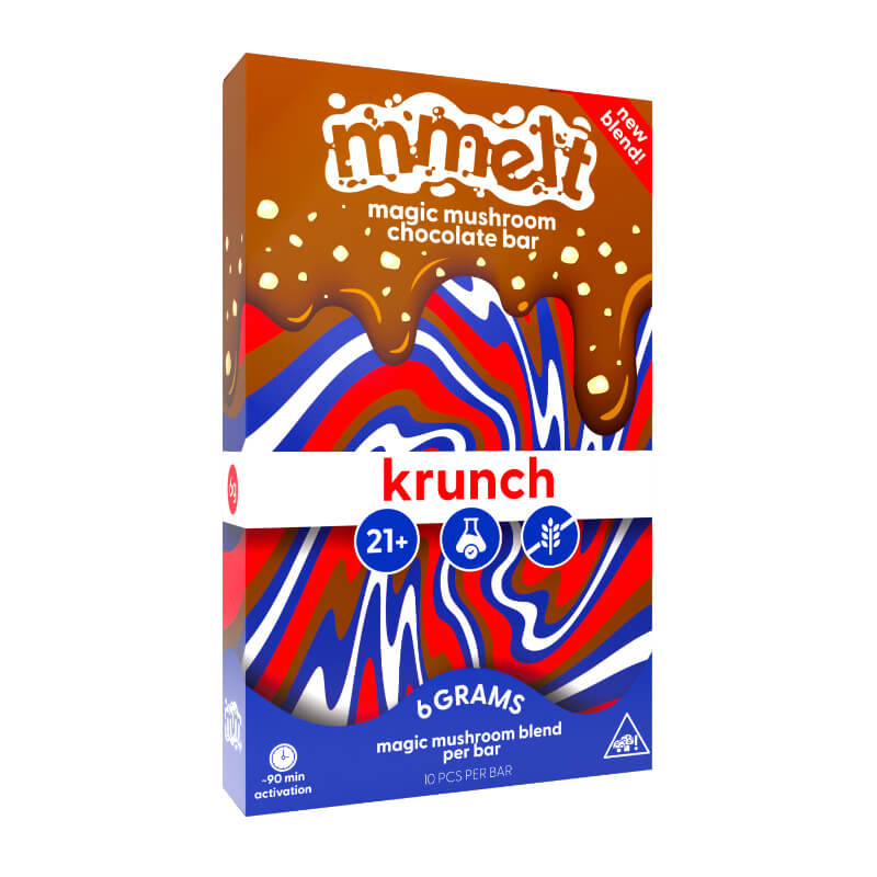 Box of mmelt krunch mushroom chocolate bar with colorful design on a white background.