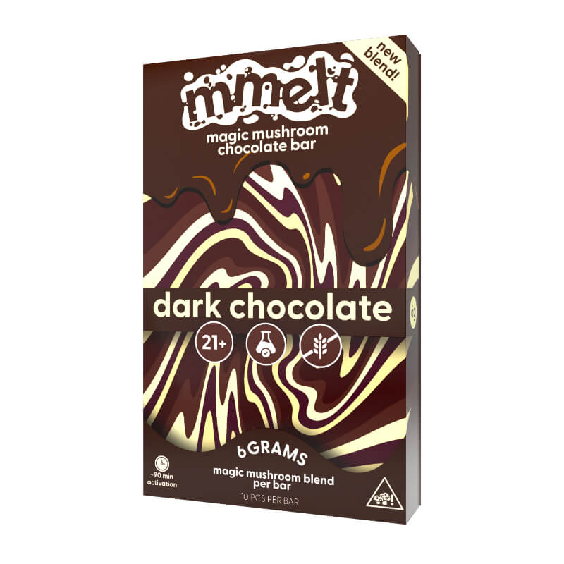 Mmelt Mushroom Dark Chocolate Bar with 10 vegan squares and rich, bold cocoa flavor infused with active mushroom blend.