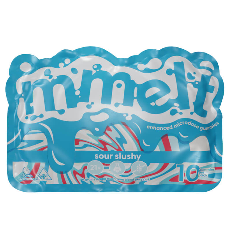  Mmelt Sour Slushy Magic Mushroom Gummies pouch with bold blue and citrus-themed packaging.
