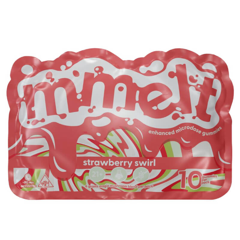  Front of Mmelt Strawberry Magic Mushroom Gummies bag showing 10ct pouch with bold red design and juicy strawberry graphics.