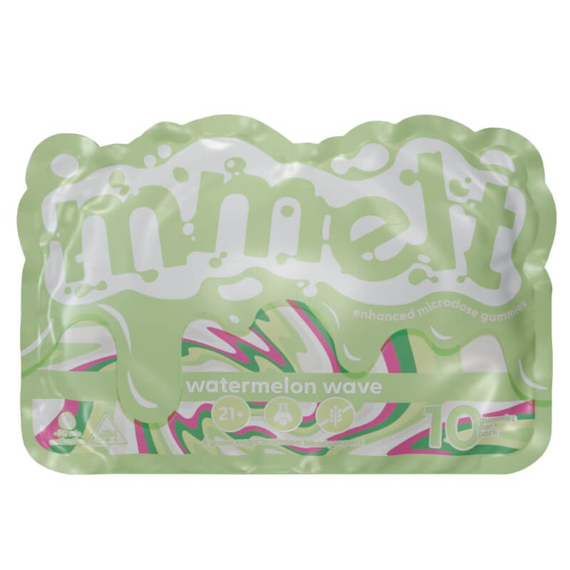 Mmelt Watermelon Wave Mushroom Gummies – 10-pack of legal, vegan psychedelic edibles bursting with juicy flavor and mind-expanding effects.
