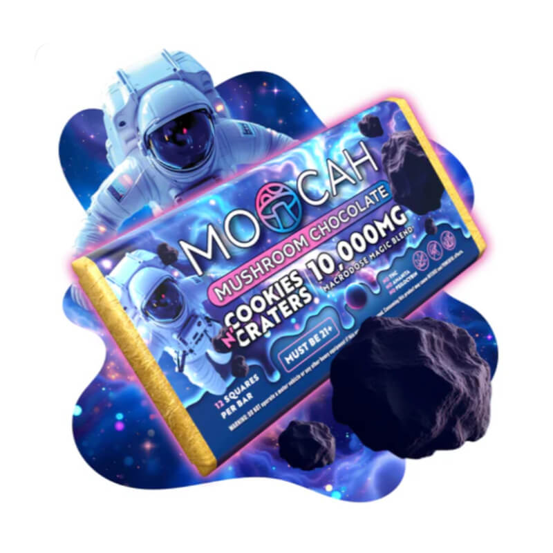 Moocah magic mushroom chocolate bar with the unique flavor of cookies and craters (cookies and cream).  This mushroom chocolate bar is a macro dose blend.