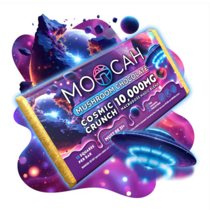 A product picture for Moocah macro dose magic mushroom chocolate bar with the flavor Cosmic Crunch.
