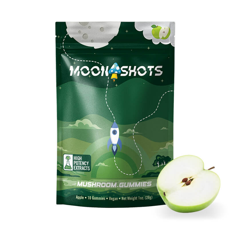 Moonshots Apple Mushroom Gummies 10 count bag with crisp green cosmic apple design.
