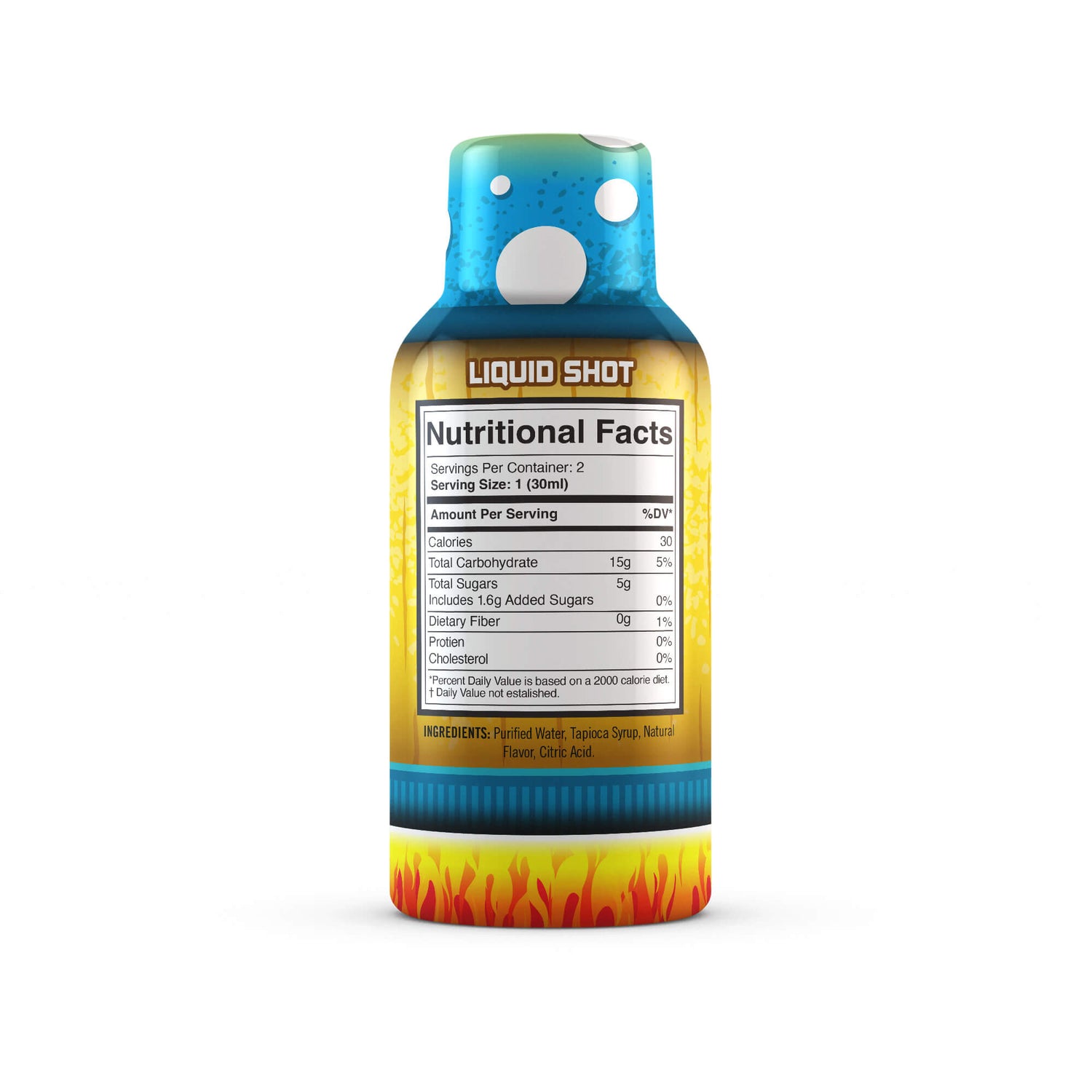 The back of Moonshots magic mushroom syrup with 2x, with 2000mg potency, showing the nutritional facts and ingredients. 