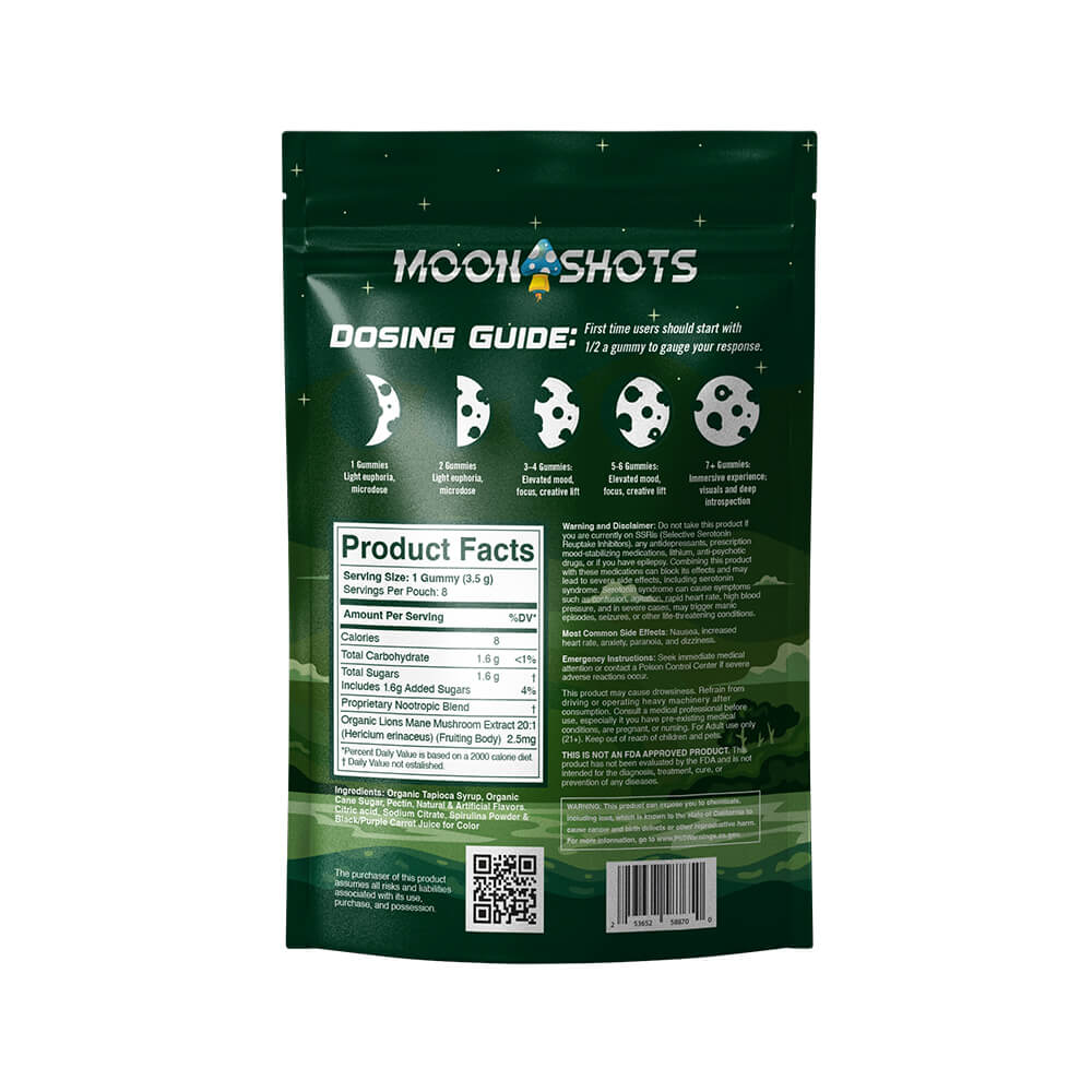 Moonshots Mushroom Gummies, Apple, 10 count bag with dosing instructions.
