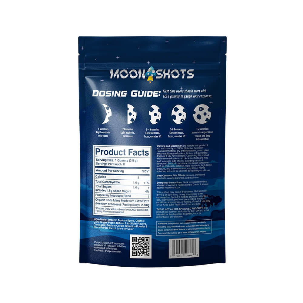 moonshots mushroom gummies package with ingredients and dosing guide.