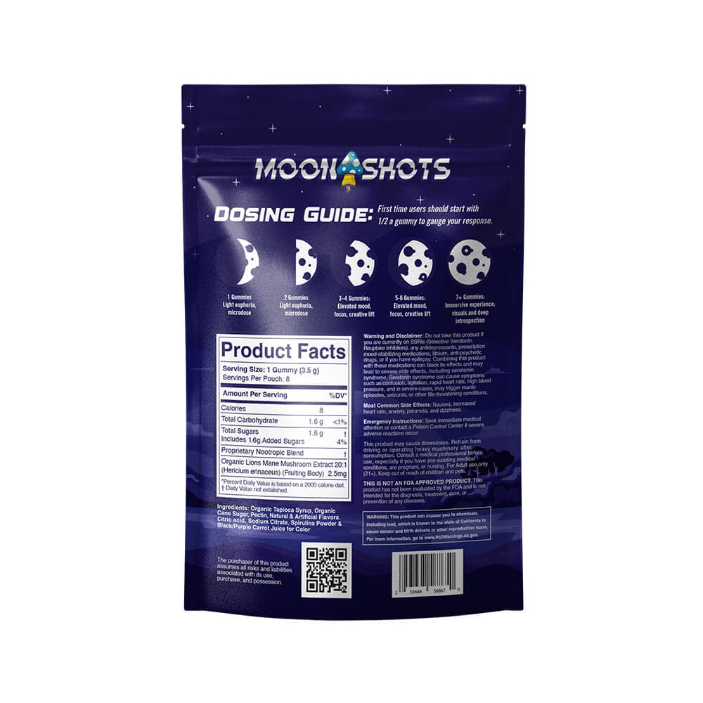 Moonshots Mixed Berry Mushroom Gummies 10 count bag with ingredients.