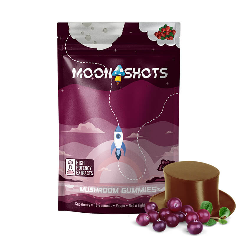 Moonshots Snozzberry Mushroom Gummies 10 count bag with playful cosmic berry design and willy wonka's famous hat.