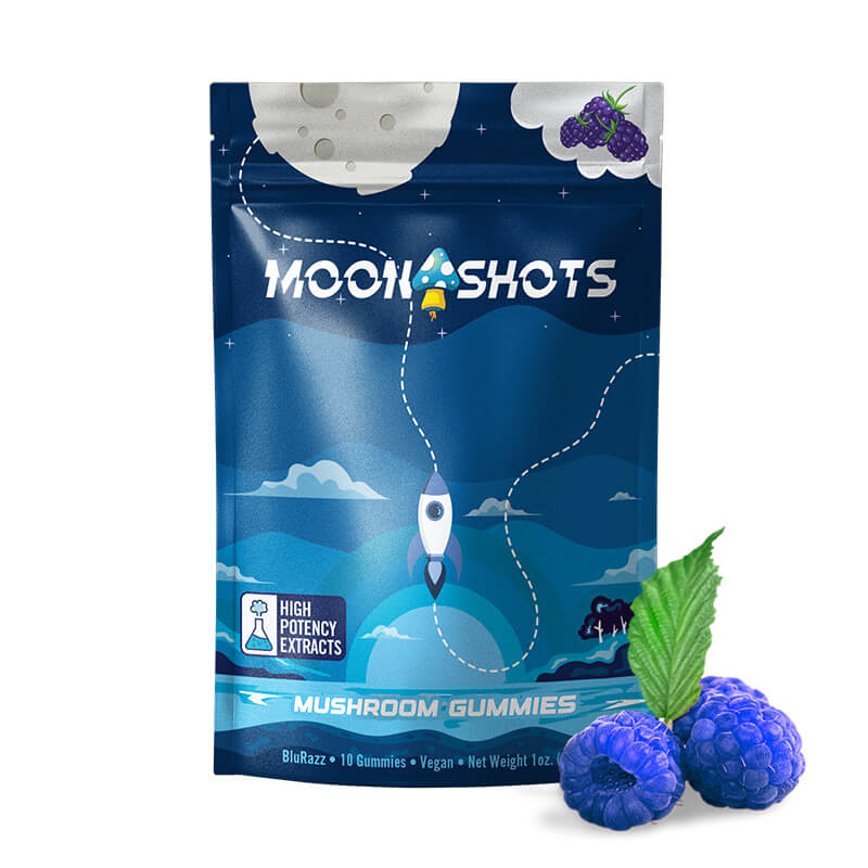 Moonshots Blue Raspberry Magic Mushroom Gummies 10 count bag with vibrant cosmic candy design.